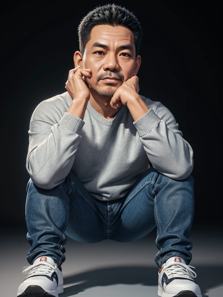Realistic 4D caricature with a big head of an Indonesian man aged 40yo,thin body, wearing a sweater, jeans, sneakers, sitting with his hand on his chin, black and silver gradient background,Pixar style,3D rendering
