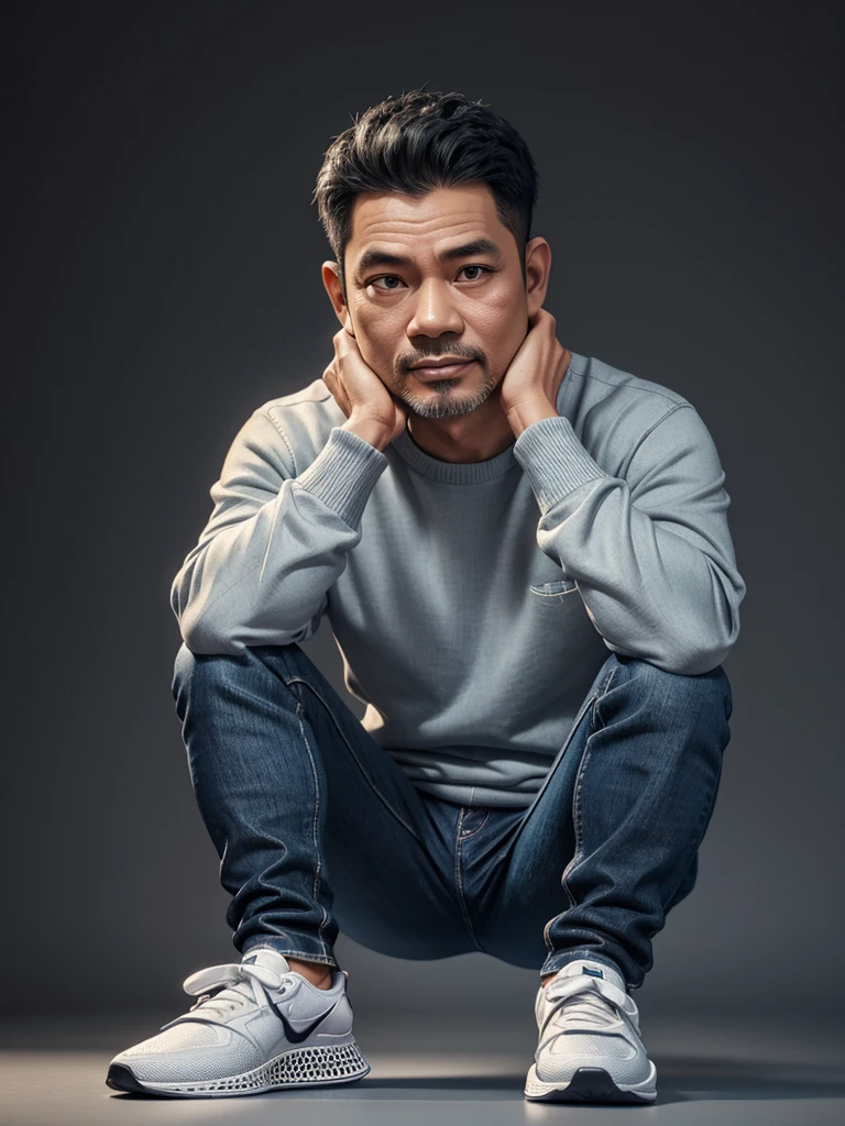 Realistic 4D caricature with a big head of an Indonesian man aged 40yo,thin body, wearing a sweater, jeans, sneakers, sitting with his hand on his chin, black and silver gradient background,Pixar style,3D rendering