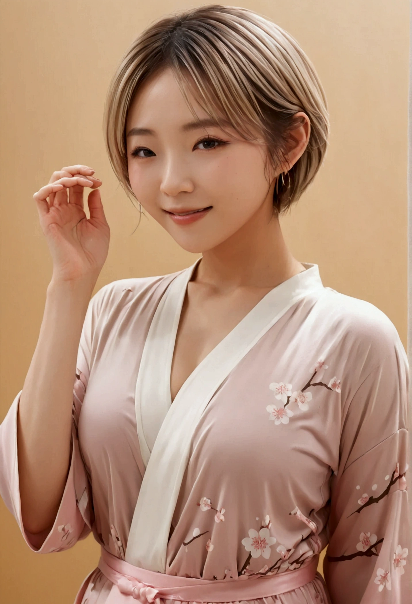 (realistic: 1.2, with the best quality, In 8K,Wetty:1.3 ), ( 20-year-old, K-POPアイドル、 cherry blossom pattern kimono, Sweat: 1.2, Wet:1.3、cleavage、big breasts:1.3、big ass、length、blonde、 bodybuildene skin, (movie lighting),  soft light,  ((Excited、Sexy、whole body、pheromones、bed、raise your hand))