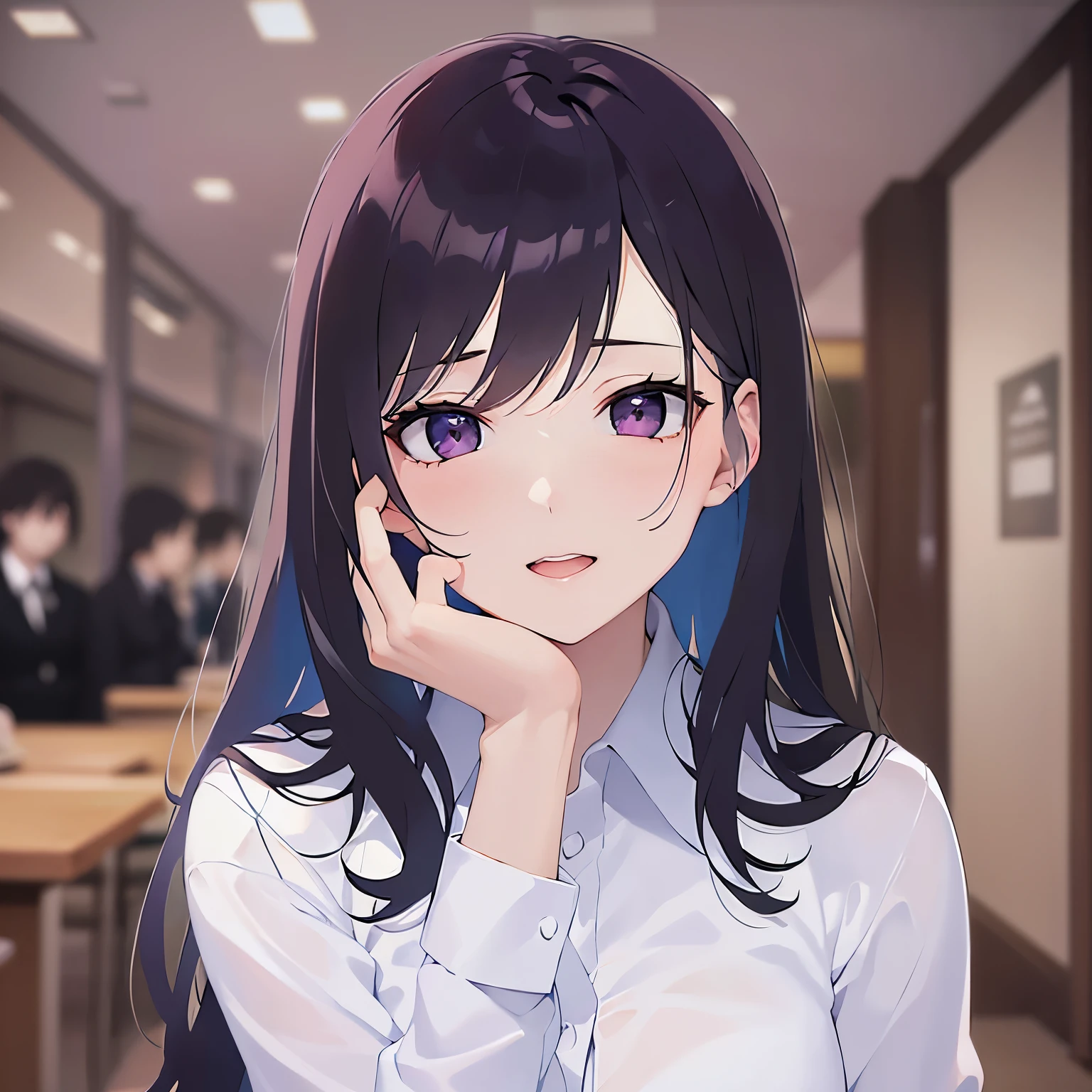 hand on own face, side angle, looking up, Upper Body, Realistic, real person, (pale skin: 1.2), RAW photo, photorealistic, shiny skin, shiny hair、(A 25-year-old woman with straight hair and bangs) and (medium hair) and (black hair) and (purple eyes) , (business suit:1.5) and (white collared shirt)、(sleepy:1.5), smile, open mouth, The background is the interior of a restaurant at night.、Alone、Are standing