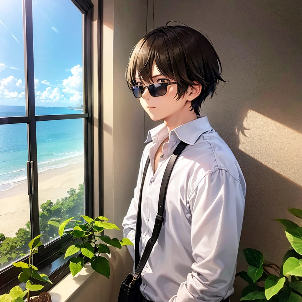 boy, wearing sunglasses, near the panoramic window, thoughtfully looks into the distance through the window