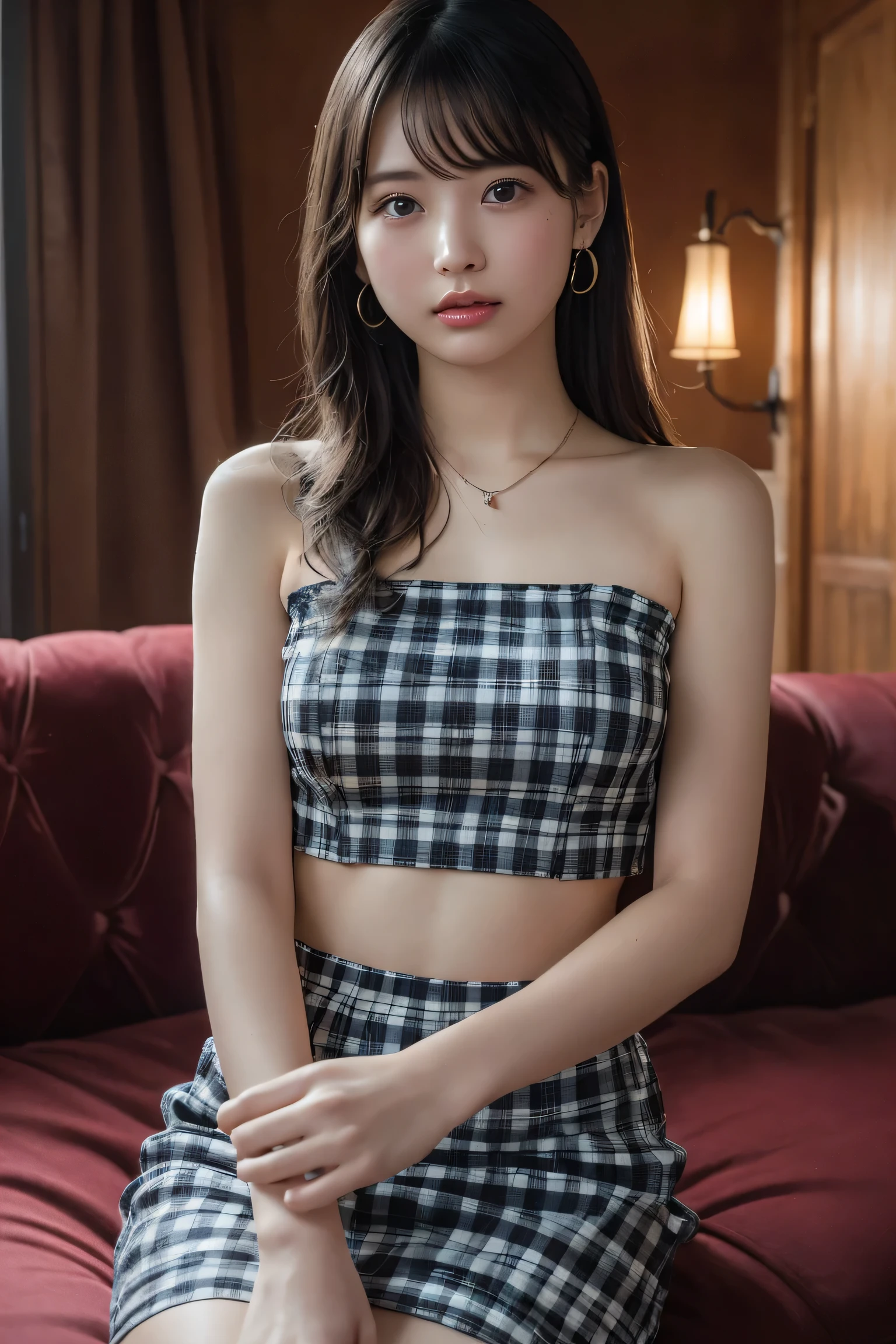 (Highest quality:1.4),(masterpiece:1.4),(Realistic:1.4),(Realistic:1.2),(超High resolution, RAW Photos:1.4),(High resolution, Very detailed:1.2),(8k:1.2),View your audience,Cinematography,One Girl,skeletally correct,Black-haired woman,(Small earrings,necklace,Checkered tube top dress,Beautiful body lines,View from the front),(Inside the Western-style building,Dimly lit room,The lamplight shines on my cheeks,Sit on the sofa)