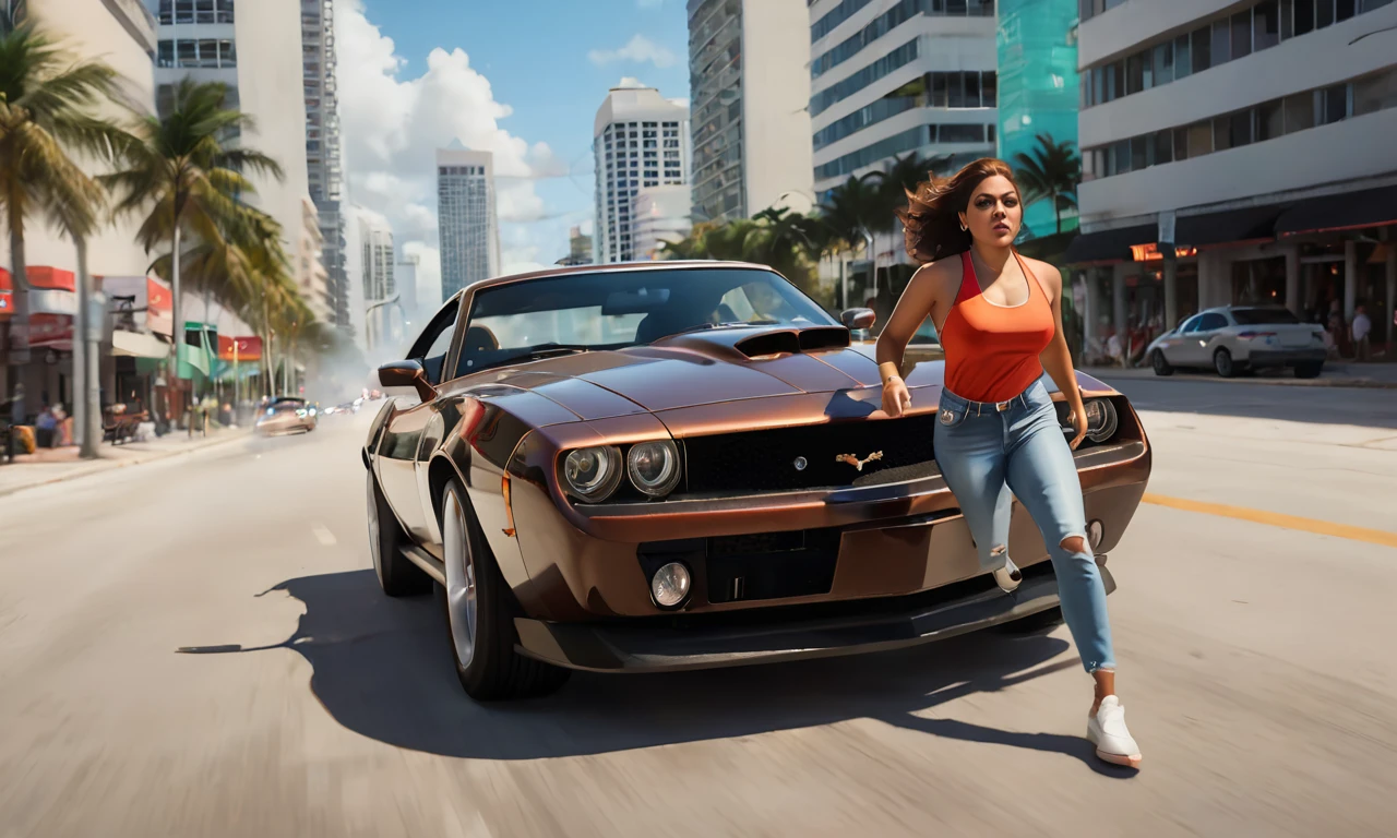 Create a photorealistic masterpiece titled 'LuciaGTA6SDXL' portraying a Latina woman with brown hair driving a sleek sports car through the bustling streets of Miami. She's dressed in stylish attire suited for driving, with a distinctive mole adding to her character. The artwork should focus on her skin's raw texture and pores, accentuated by dramatic lighting that highlights her features as she fiercely looks at the viewer. Infuse the scene with intense action as she fires from her car at pursuing police officers. Capture the chaos and urgency of the moment with dynamic lighting and a vibrant cityscape in the background, conveying the adrenaline and danger of the chase.