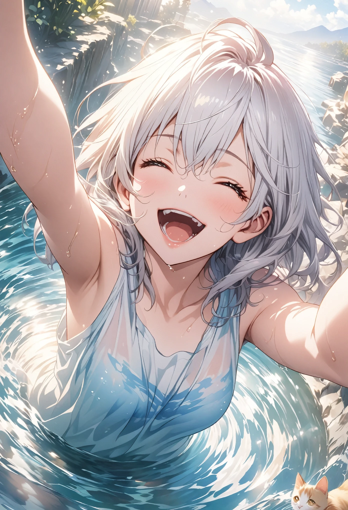 masterpiece, Highest quality, Highly detailed CG Unity 8k wallpaper, High School Girl Anime Illustration. Wear an oversized tank top、arms raised in the airポーズをする、she has her eyes closed and mouth open, smile. The background is a light pastel colored landscape., white hair color, Yellow Eyes, Cowboy Shot、Kitten smiling and looking up at girl, Taking a bath, Realistic depiction of water