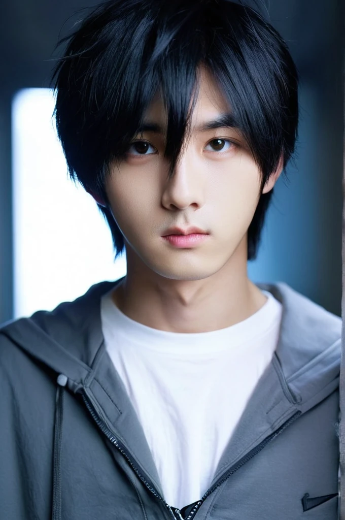 One boy, Young man with black hair ((Mash straight hair)),Male idol style, Medium size portrait, Oval Face, Vivid,In a dark roomスマホを持って自撮り,(In a dark room)