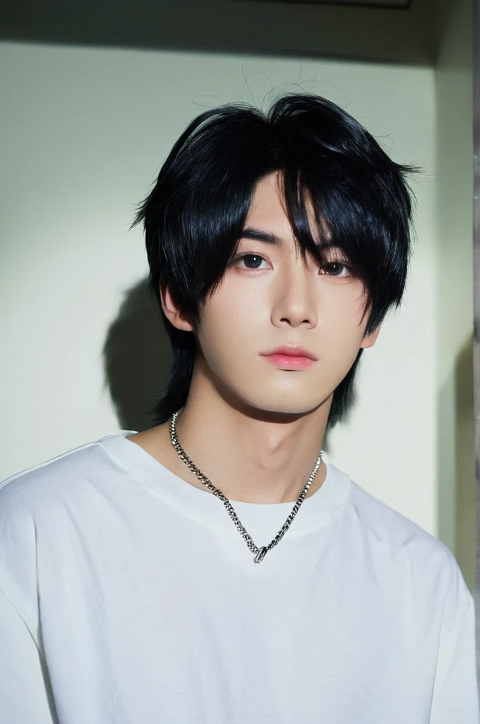 One boy, Young man with black hair  ((Mash straight hair)),Male idol style, Medium size portrait, Oval Face, Vivid,In a dark roomスマホを持って自撮り,(In a dark room)