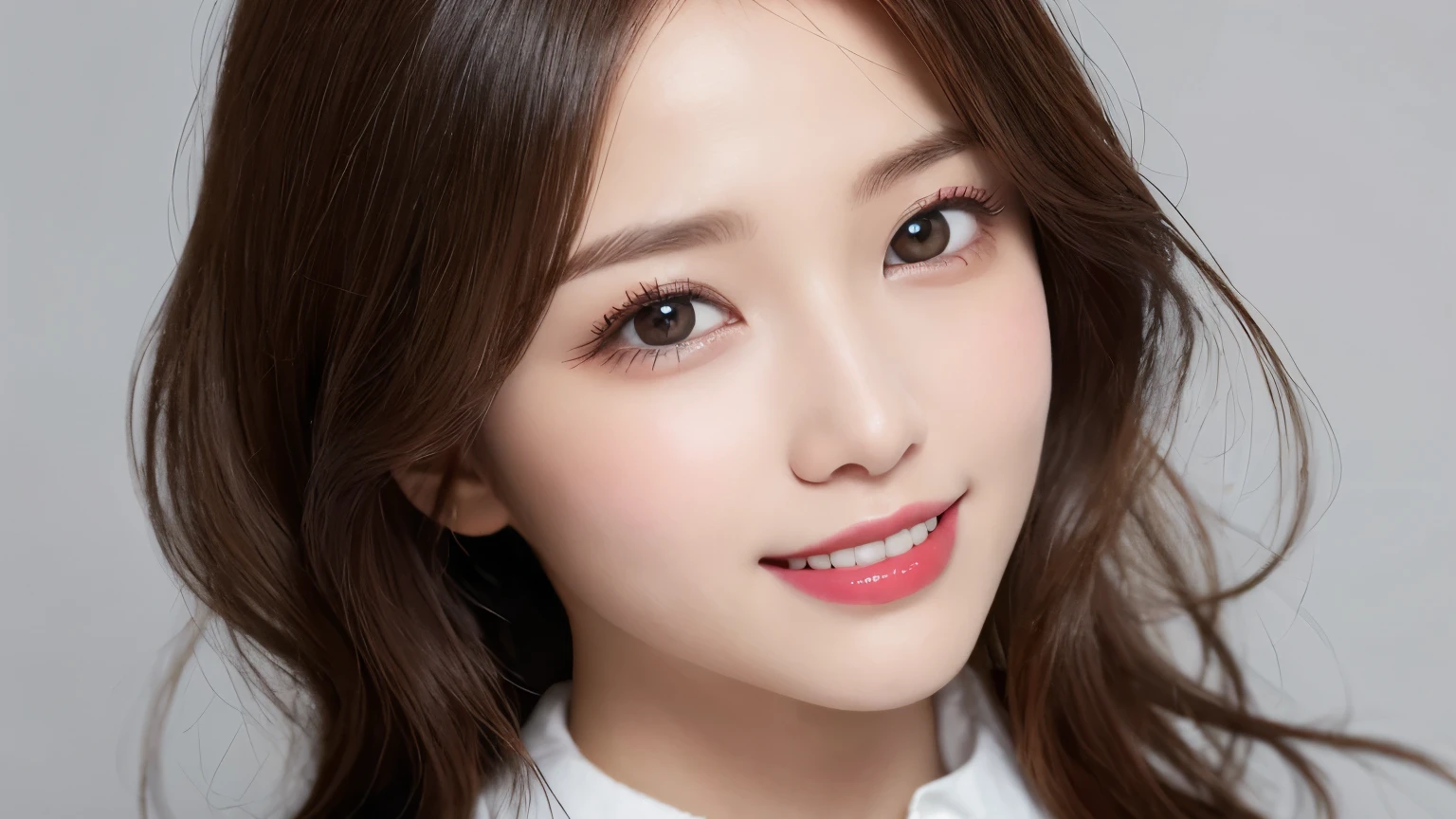 bust up photo, Shows everything from the top of the head to the bust, looks happy, highest quality, shape, Super detailed, finely, High resolution, 8k wallpaper, Perfect dynamic shape, beautiful and detailed eyes, D cup, natural color lip,smile、20 year old girl, Beautiful and dense face、perfect and beautiful face,Big eyes、real photos(best image quality), blouse (white)、looking at camera、Please stand、Do gal makeup, white background