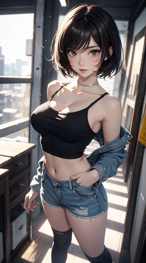 ((Highly detailed CG unit 8K wallpaper, masterpiece, High resolution, Highest quality)), (((Beautiful woman with dark hair, Model-like posture, Street fashion, Wearing a white camisole:1.2, Wearing denim micro mini shorts:1.2)), ((Highly detailed face, Highly detailed black eyes, Highly detailed body, Highest qualityのリアルテクスチャスキン)), (Short Bob Cut Hair, White skin:1.2, Exposed abdomen), (Brightly painted walls), (High Angle, Fisheye Lens:1.3), Surreal, Digital Painting,