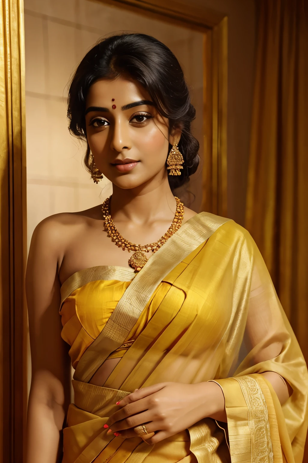 anusha bhatia in a sari sari, dressed in a sari, draped in silky gold, wearing a sari, draped in gold, very attractive and beautiful, with yellow cloths, orange yellow ethereal, very beautiful enga style, indian style, delicate detailing golden stroke, wearing sari, traditional beauty, looking regal and classic, with intricate details and Telugu Mangalsutra in neck