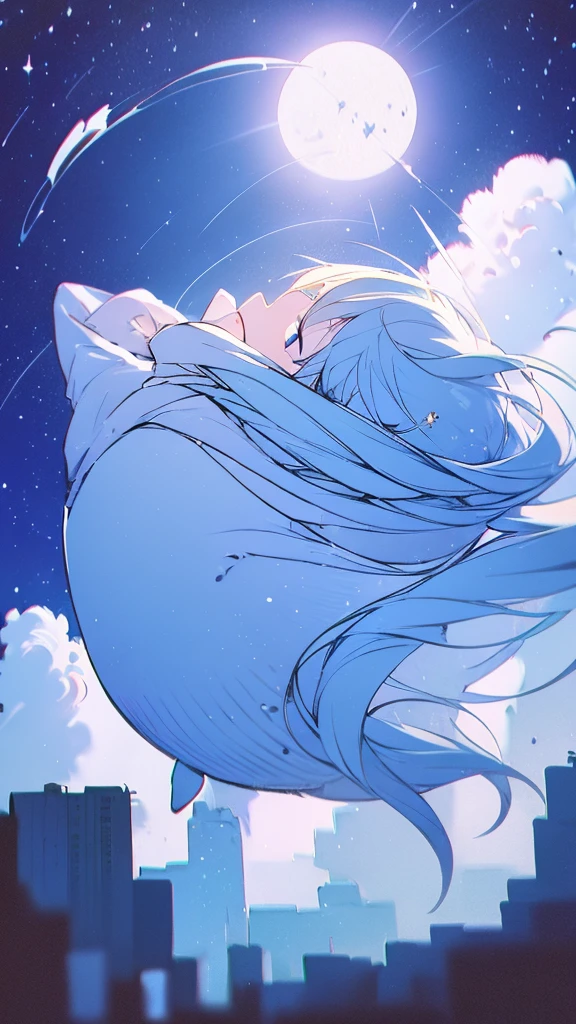 1whale,Seven-doppelganger shot,Anime style 4K,High quality anime art style,painting,Splash ink background,Blue Themes、Pure white background,Buildings,Buildings,Moon and sun、Shining Star々,milky way,Bright Sky,water, black hair, Blue Background,Whale flying in the blue sky,Buildings