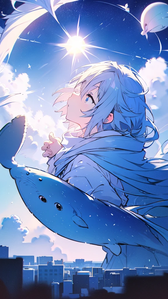 1whale,Seven-doppelganger shot,Anime style 4K,High quality anime art style,painting,Splash ink background,Blue Themes、Pure white background,Buildings,Buildings,Moon and sun、Shining Star々,milky way,Bright Sky,water, black hair, Blue Background,Whale flying in the blue sky,Buildings