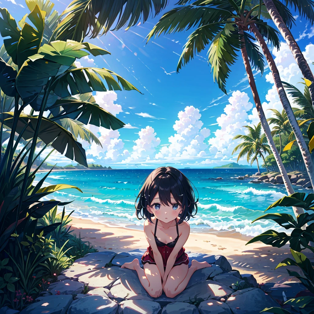 Masterpiece, top quality, high resolution background, bright and beautiful atmosphere, 3 girls (s old, 1 short-tempered round face), 1 (hair, surface effects), small breasts, sitting on a high palm tree branch A girl looking down on the ground, a view of the spreading ocean and a tropical country, "deltamon_sdXL :0.73) >Deltamon"