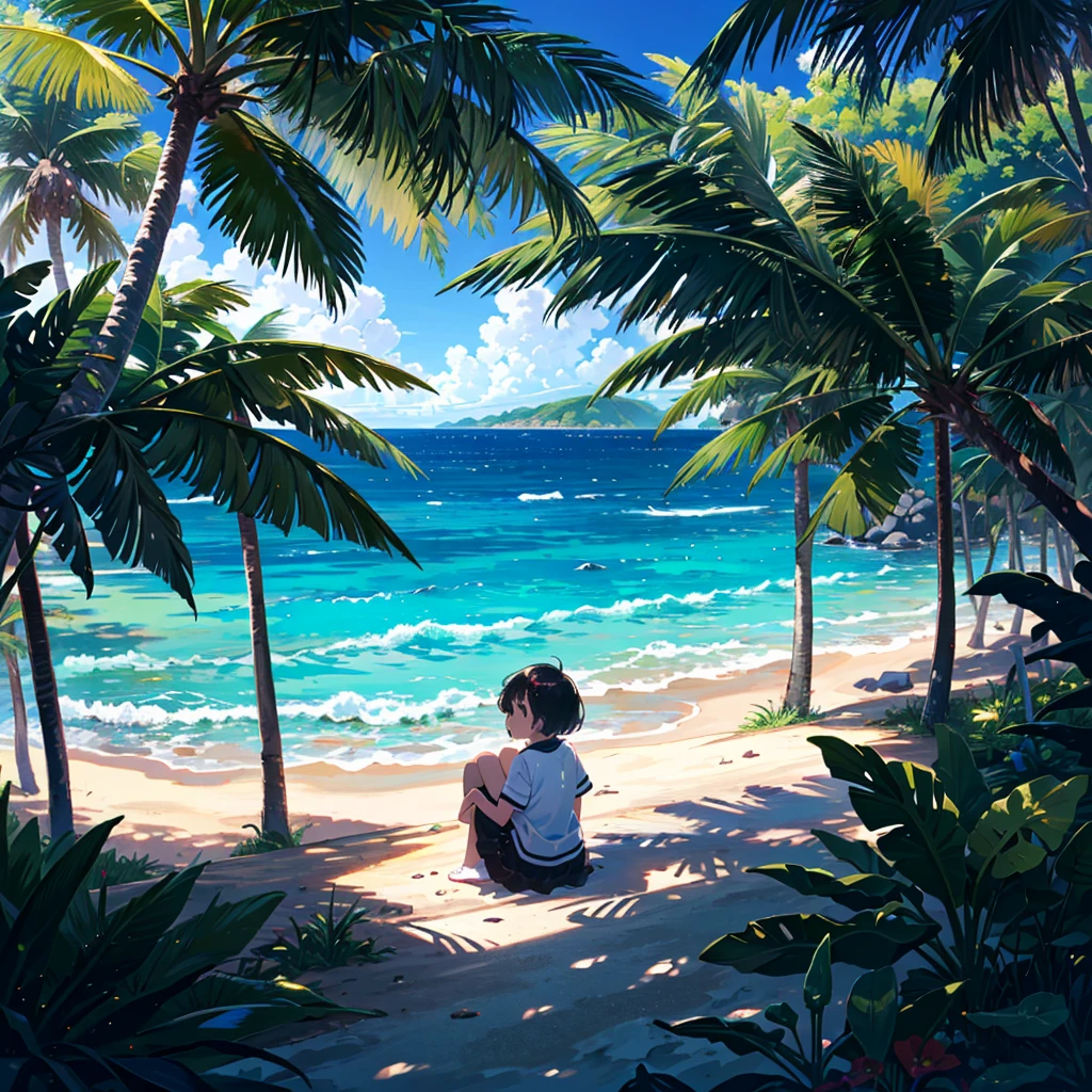 Masterpiece, top quality, high resolution background, bright and beautiful atmosphere, 3 girls (, 1 short-tempered round face), 1  (hair, surface effects), small breasts, sitting on a high palm tree branch A girl looking down on the ground, a view of the spreading ocean and a tropical country, "deltamon_sdXL :0.73) >Deltamon"