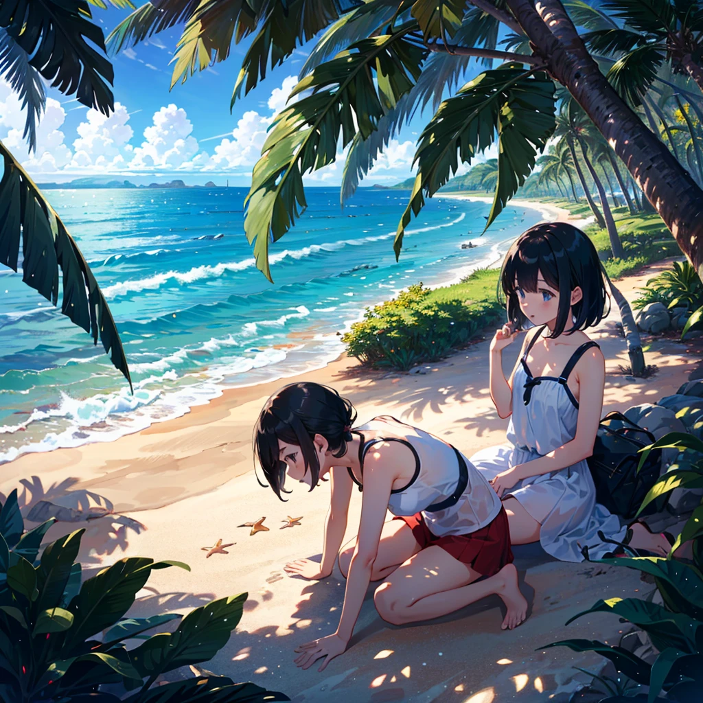 Masterpiece, top quality, high resolution background, bright and beautiful atmosphere, 3 girls (2 years old, 1 short-tempered round face), 1  (hair, surface effects), small breasts, sitting on a high palm tree branch A girl looking down on the ground, a view of the spreading ocean and a tropical country, "deltamon_sdXL :0.73) >Deltamon"