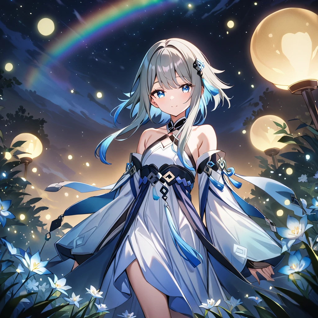 1girl, guizhong_\(genshin_impact\),light grey hair,short_hair_with_long_locks,starry_sky_print,detached_sleeves, long sleeves that drape over hands past fingers,sleeves cover hands,arms at sides,hanfu,illustrated by matsuryuu and agahari,pale blue eyes,stunning field of softly glowing blue and white glaze lilies,night scene,gentle smile,moonlight,glossy lips,vivid anime coloring,cel shading,smooth, soft dreamy focus,anklet,halter_top,white clothes,highly detailed,digital painting,field of flowers,bare_shoulders,barefoot,cool night tones, magical night scene,masterpiece, best quality, film, bokeh, multicolored light particles,professional, 4k, highly detailed,fireflies,nebula of rainbow and silvery vapor,8k,uhd