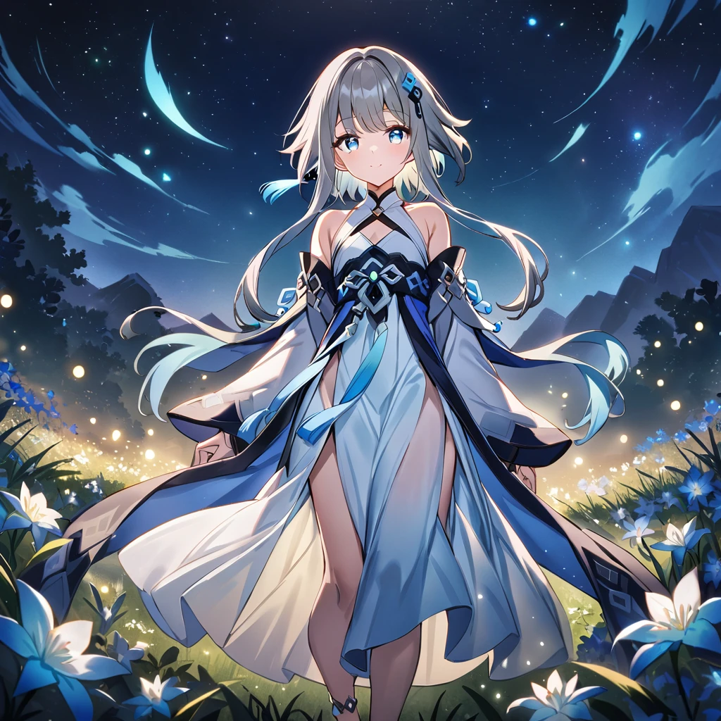 1girl, guizhong_\(genshin_impact\),light grey hair,short_hair_with_long_locks,starry_sky_print,detached_sleeves, long sleeves that drape over hands past fingers,sleeves cover hands,arms at sides,hanfu,illustrated by matsuryuu and agahari,pale blue eyes,stunning field of softly glowing blue and white glaze lilies,night scene,gentle smile,moonlight,glossy lips,vivid anime coloring,cel shading,smooth, soft dreamy focus,anklet,halter_top,white clothes,highly detailed,digital painting,field of flowers,bare_shoulders,barefoot,cool night tones, magical night scene,masterpiece, best quality, film, bokeh, multicolored light particles,professional, 4k, highly detailed,fireflies,nebula of rainbow and silvery vapor,8k,uhd