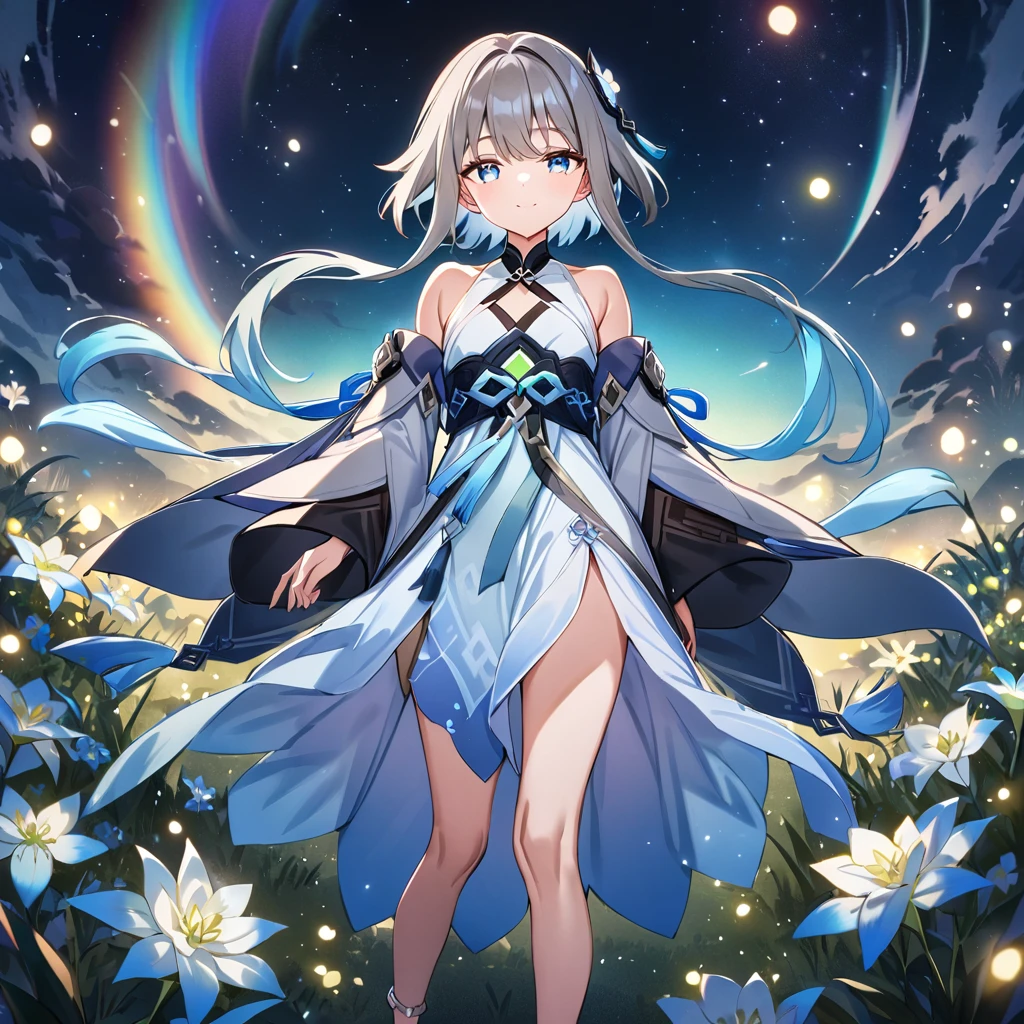 1girl, guizhong_\(genshin_impact\),light grey hair,short_hair_with_long_locks,starry_sky_print,detached_sleeves, long sleeves that drape over hands past fingers,sleeves cover hands,arms at sides,hanfu,illustrated by matsuryuu and agahari,pale blue eyes,stunning field of softly glowing blue and white glaze lilies,night scene,gentle smile,moonlight,glossy lips,vivid anime coloring,cel shading,smooth, soft dreamy focus,anklet,halter_top,white clothes,highly detailed,digital painting,field of flowers,bare_shoulders,barefoot,cool night tones, magical night scene,masterpiece, best quality, film, bokeh, multicolored light particles,professional, 4k, highly detailed,fireflies,nebula of rainbow and silvery vapor,8k,uhd