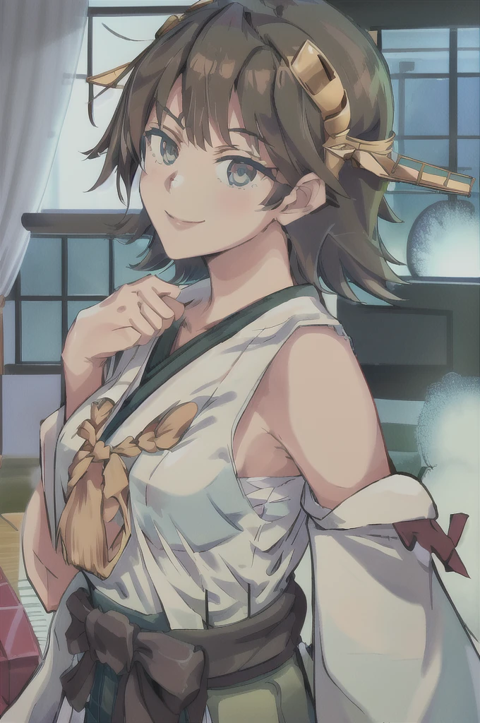 Highest quality, masterpiece, High resolution, alone, (Hiei Kai-2_Fleet Collection:1.15), オレンジ色hair, hairband, headgear, Non-traditional_Shrine maiden, smile, green_eye, Inverted up_hair, smile, One Girl, dependent_sleeve, green_skirt, Plaid, Plaid_skirt, ribbon-trimmed_sleeve, ribbon_trim, skirt, (indoor, office, living room),