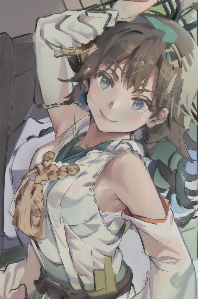 Highest quality, masterpiece, High resolution, alone, (Hiei Kai-2_Fleet Collection:1.15), オレンジ色hair, hairband, headgear, Non-traditional_Shrine maiden, smile, green_eye, Inverted up_hair, smile, One Girl, dependent_sleeve, green_skirt, Plaid, Plaid_skirt, ribbon-trimmed_sleeve, ribbon_trim, skirt, (indoor, office, living room), 