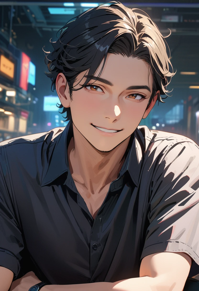 ((45 years old)) ,modern, Verism, masterpiece, ((super detail:1.3)), best quality, 4K , A handsome man, black hair, short hair, light smile, happy