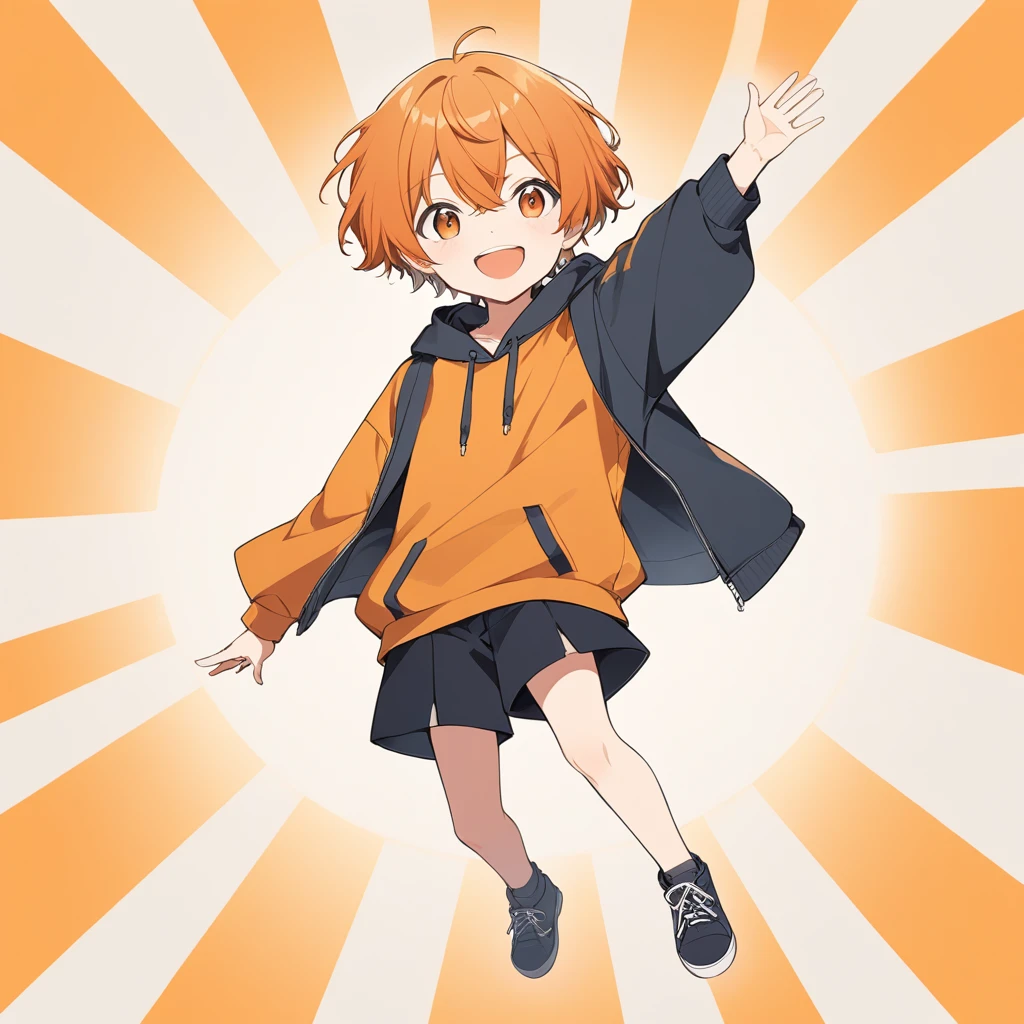 Orange Hair, Orange eyes,short hair,smile, a bit,maleの子一人,a bitキャラ,anime,whole body,mini,male,小さいmaleの子,hoodie,,piece,One arm is raised upwards