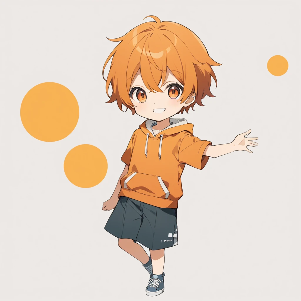 Orange Hair, Orange eyes,short hair,smile, a bit,maleの子一人,a bitキャラ,anime,whole body,mini,male,小さいmaleの子,hoodie,,piece,One arm is raised upwards