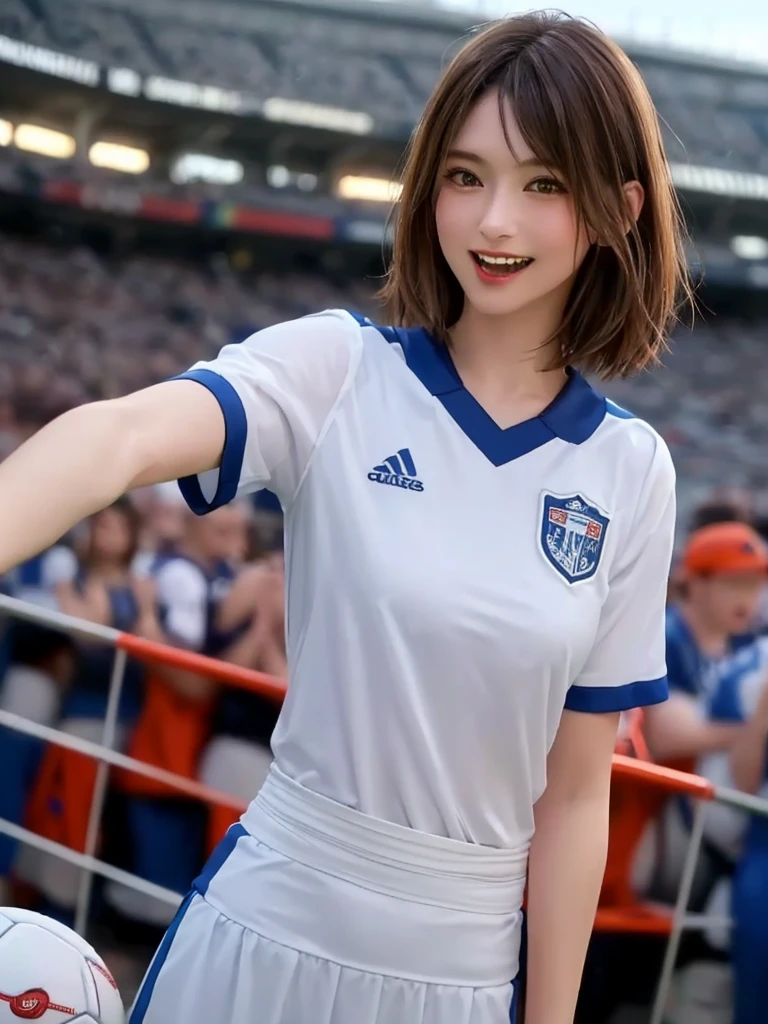 (Highest quality、8k、32K、masterpiece)、(Realistic)、(Realistic:1.2)、(High resolution)、Very detailed、Very beautiful face and eyes、(((Female solo shot)))、Frame In、Tight waist、(Highest quality、Attention to detail、Rich skin detail)、(Highest quality、8k、Oil paints:1.2)、(Realistic、Realistic:1.37)、Bright colors、(((Cowboy Shot)))、(((short hair)))、(((Laughter)))、(((Brown Hair)))、(((Soccer uniforms)))、(((ピンクのSoccer uniforms)))、(((Football Stadium)))、(((Enthusiastic audience)))、(((Uniform without lines)))、Short sleeve uniform、There are no lines on the sleeves