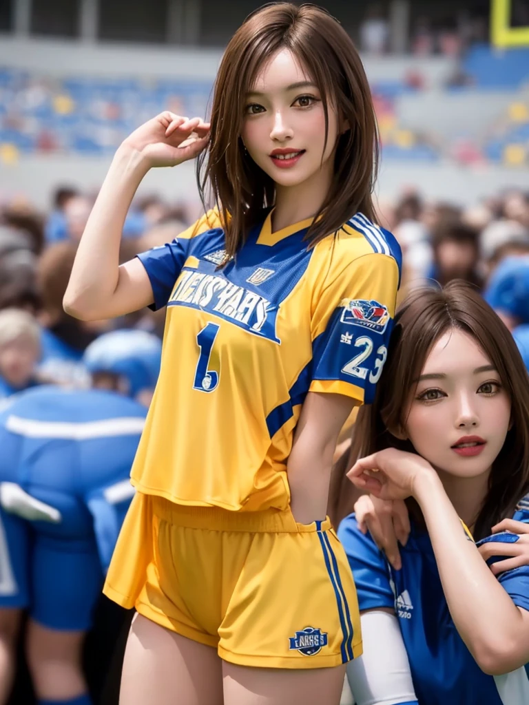 (Highest quality、8k、32K、masterpiece)、(Realistic)、(Realistic:1.2)、(High resolution)、Very detailed、Very beautiful face and eyes、(((Female solo shot)))、Frame In、Tight waist、(Highest quality、Attention to detail、Rich skin detail)、(Highest quality、8k、Oil paints:1.2)、(Realistic、Realistic:1.37)、Bright colors、(((Cowboy Shot)))、(((short hair)))、(((Laughter)))、(((Brown Hair)))、(((Soccer uniforms)))、(((ピンクのSoccer uniforms)))、(((Football Stadium)))、(((Enthusiastic audience)))、(((Uniform without lines)))、Short sleeve uniform、There are no lines on the sleeves