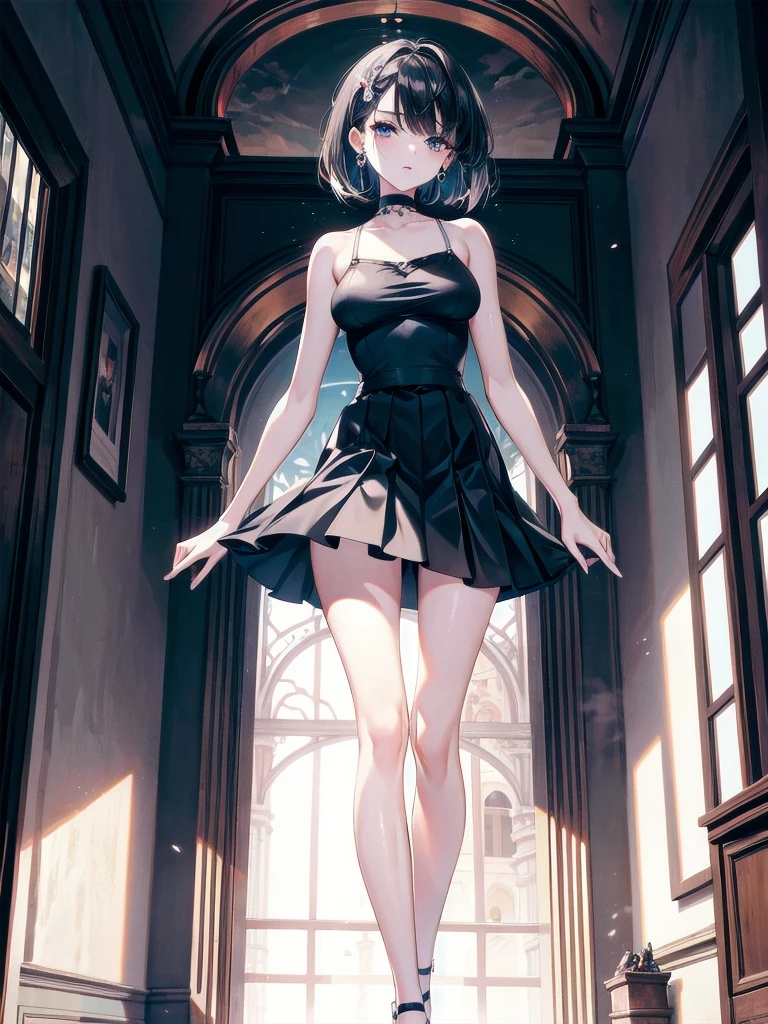 absurdres, RAW photo, extremely delicate and beautiful, masterpiece, Best Quality, ultra high resolution, 32k, hyperrealistic, ultra-detailed, perfect anatomy, anatomically correct, perfect figure, Perfect Style, Perfect balance, in her 20s, very Slim body, narrow waist, very small head, very small face, delicate facial features, detailed face, detailed eyes, tearful mole, earring, very huge round breasts, whole body shot, whole legs, medium hair, asymmetrical hair, indoor, skirt, camisole,