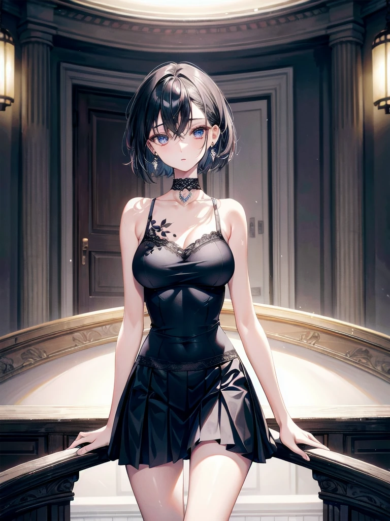 absurdres, RAW photo, extremely delicate and beautiful, masterpiece, Best Quality, ultra high resolution, 32k, hyperrealistic, ultra-detailed, perfect anatomy, anatomically correct, perfect figure, Perfect Style, Perfect balance, in her 20s, very Slim body, narrow waist, very small head, very small face, delicate facial features, detailed face, detailed eyes, tearful mole, earring, very huge round breasts, whole body shot, whole legs, medium hair, asymmetrical hair, indoor, skirt, camisole,