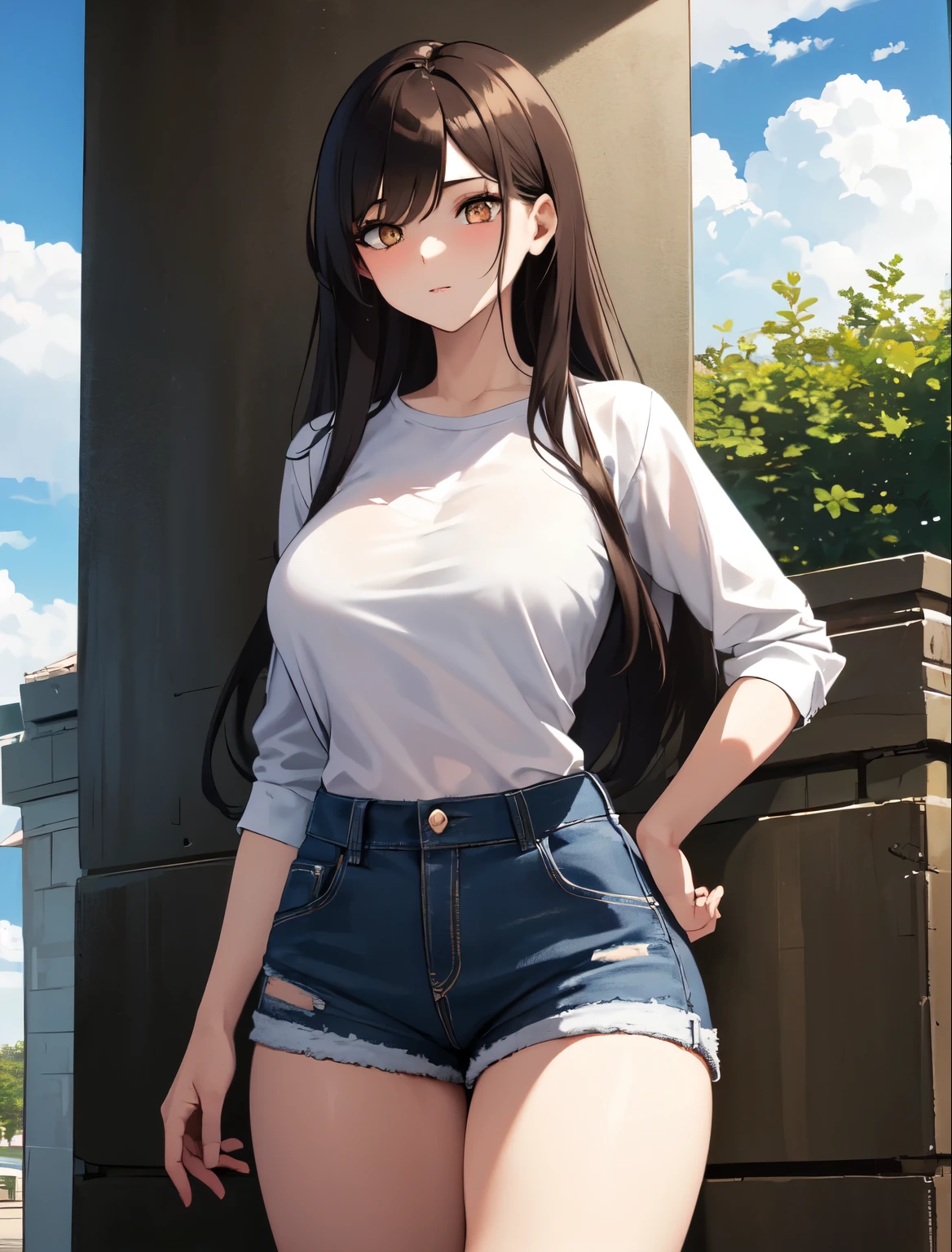 (day),Outdoors,a tree with a sky background ,a blue sky with clouds, 1girl, 20yo,Young female, 4k, high resolution, best quality, masterpiece, perfect colors, perfect shadows, beautiful and detailed portrait of a (((feminine))), perfect lighting, Female, Beautiful brown eyes, fit body, detailed face, (detailed eyes), perfect pupils, Tall, brown long hair, Brown long messy hair, Wide hips, big legs, (B cup breasts),20 year old, Well build, day clothes, everyday clothes, normal clothes ,Shirt, shorts