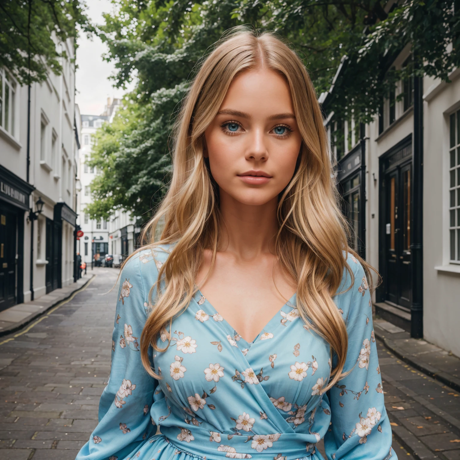 professional portrait photograph of a gorgeous 18 year,Norwegian girl Lise Olsen walking along the picturesque streets of Notting Hill, London,with long wavy blonde hair,blue eye,sultry flirty look, gorgeous symmetrical face, cute natural makeup,wearing vintage-style floral dress,ultra realistic,elegant, highly detailed, intricate, sharp focus, depth of field, f/1. 8, 85mm,(((professionally color graded))), bright soft diffused light, (volumetric fog), trending on instagram, hdr 4k, 8k