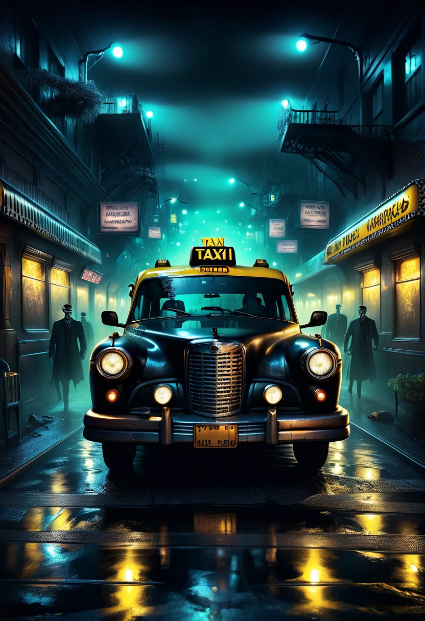 a high-quality digital painting of weird horrific ((taxi's)), hyper detailed, grim dark, absurd, 8k resolution, surreal artwork, dark fantasy, night scene, eerie atmosphere, cinematic, intricate design, haunting vibes, stylized, creative concept, atmospheric lighting, high level of detail, supernatural elements, creepy aesthetic, macabre, uncanny, nightmarish feel, intricate patterns, intricate textures, gothic style