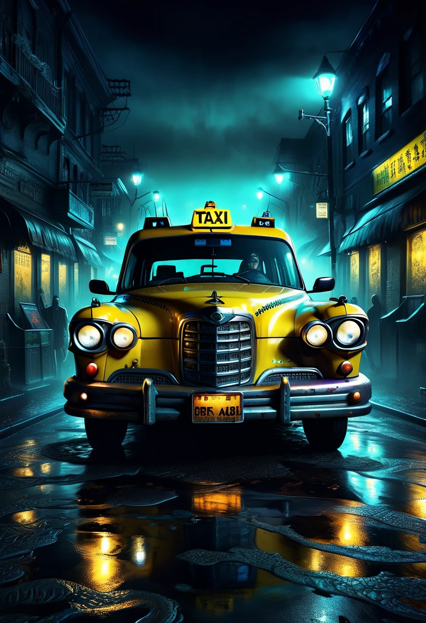 a high-quality digital painting of weird horrific ((taxi's)), hyper detailed, grim dark, absurd, 8k resolution, surreal artwork, dark fantasy, night scene, eerie atmosphere, cinematic, intricate design, haunting vibes, stylized, creative concept, atmospheric lighting, high level of detail, supernatural elements, creepy aesthetic, macabre, uncanny, nightmarish feel, intricate patterns, intricate textures, gothic style