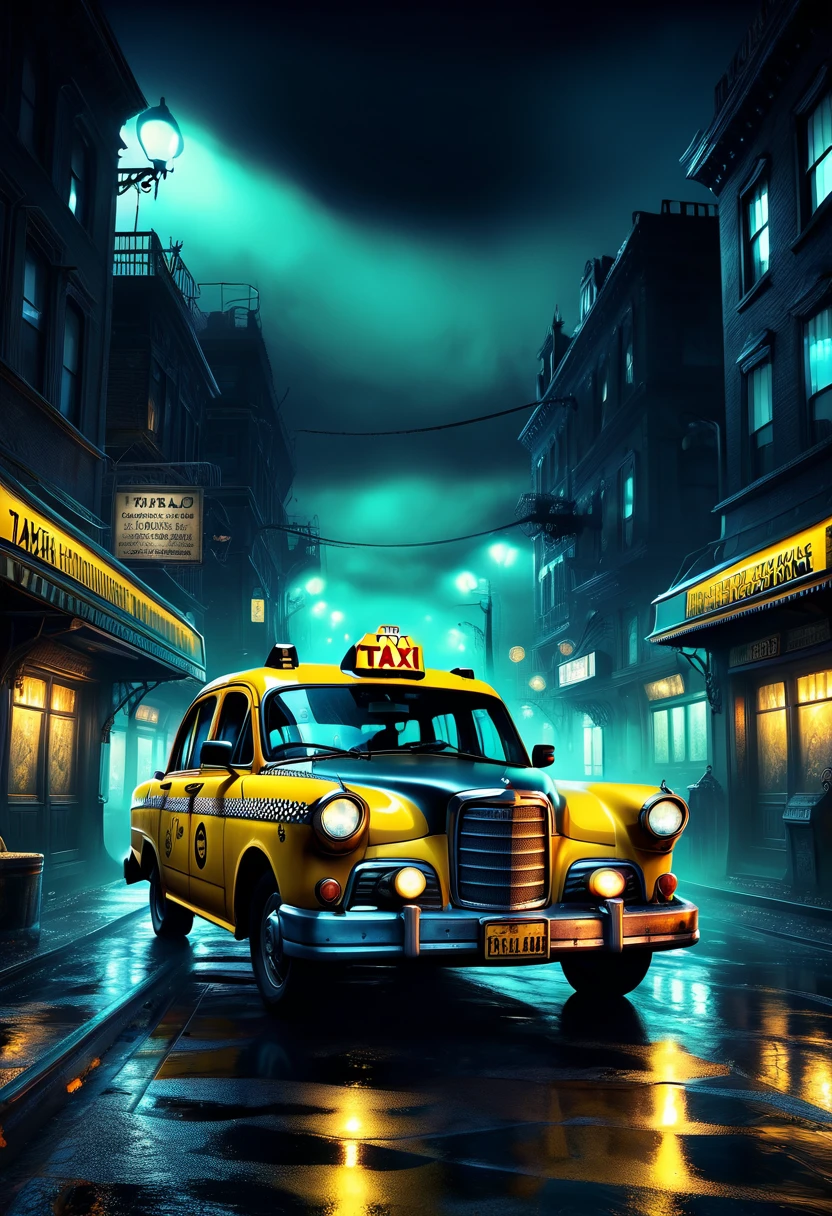 a high-quality digital painting of weird horrific ((taxi's)), hyper detailed, grim dark, absurd, 8k resolution, surreal artwork, dark fantasy, night scene, eerie atmosphere, cinematic, intricate design, haunting vibes, stylized, creative concept, atmospheric lighting, high level of detail, supernatural elements, creepy aesthetic, macabre, uncanny, nightmarish feel, intricate patterns, intricate textures, gothic style