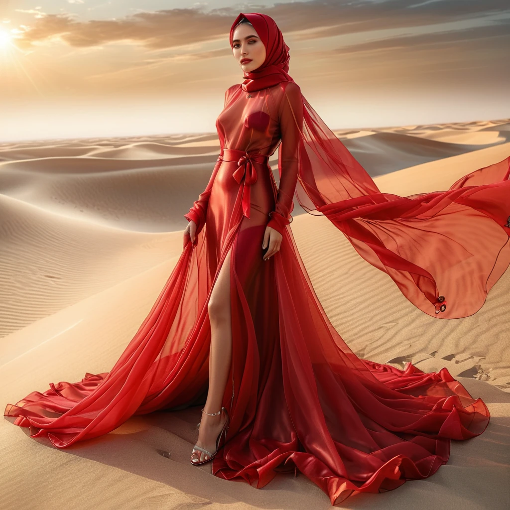 a woman in the translucent silk red gown, tight full body tied, satin sheet, nipple on with nipple piercing, wear modern hijab, full body, long satin,mermaid tight long gown, flowy dramatic long gown, tall women, strugle to walk, wear high heels,  masterpice 