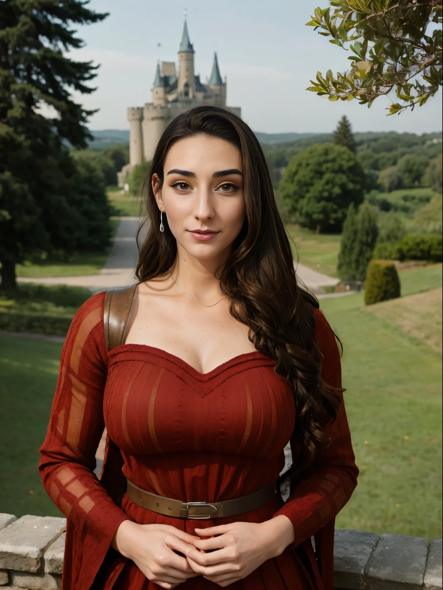Gorgeous and sultry busty athletic (thin) brunette queen with sharp facial features wearing a modest updo, dark red medieval dress, long sleeves, intricate patterns, scrollwork, wide neck, crown, veil, long dress, modest dress, tight bodice, silver belt, (waist chain), medieval jewelry, Middle Ages, castle, rampart, wall, exterior, on top of a castle wall, trees, countryside, evening, sunset.