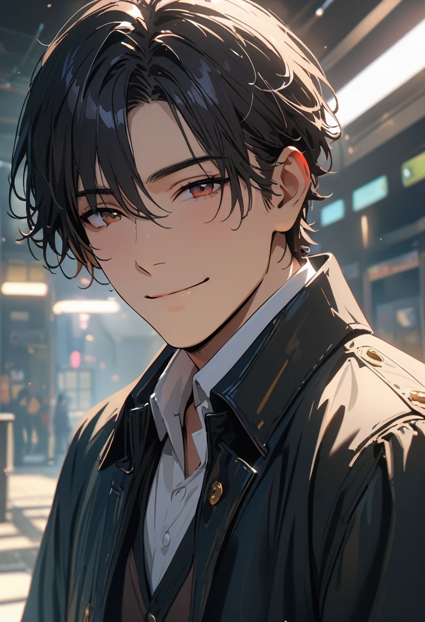 Verism, masterpiece, ((super detail:1.3)), best quality, 4K , A handsome man, black hair, short hair, light smile, happy