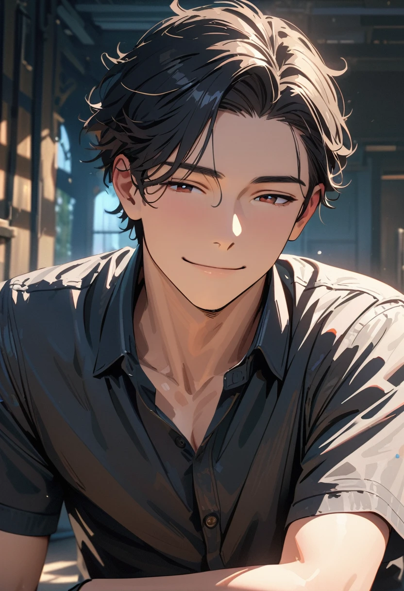 Verism, masterpiece, ((super detail:1.3)), best quality, 4K , A handsome man, black hair, short hair, light smile, happy