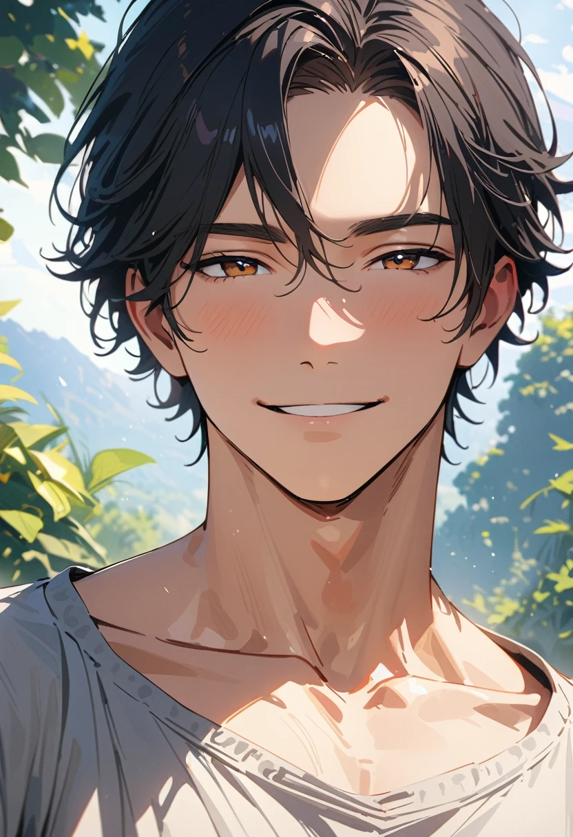 Verism, masterpiece, ((super detail:1.3)), best quality, 4K , A handsome man, black hair, short hair, light smile, happy