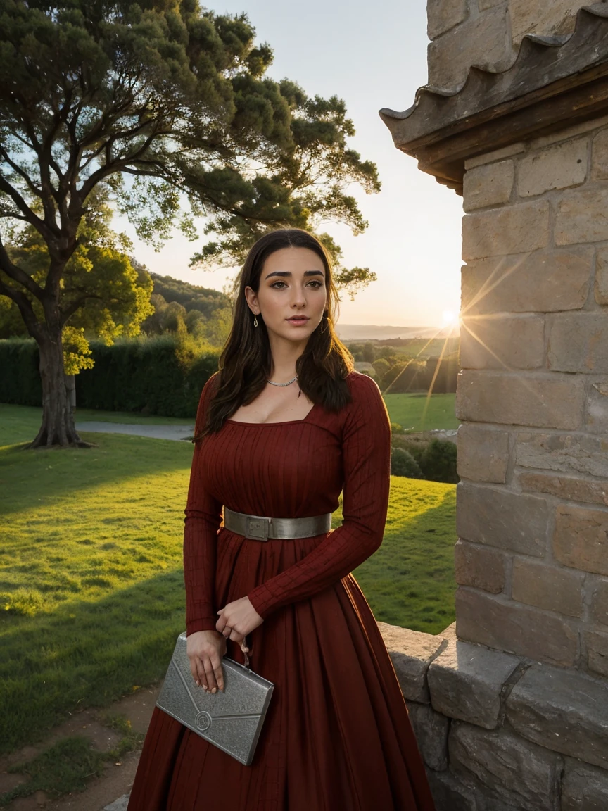 Gorgeous and sultry busty athletic (thin) brunette queen with sharp facial features wearing a modest updo, dark red medieval dress, long sleeves, intricate patterns, scrollwork, wide neck, crown, veil, long dress, modest dress, tight bodice, silver belt, (waist chain), medieval jewelry, Middle Ages, castle, rampart, wall, exterior, on top of a castle wall, trees, countryside, evening, sunset.