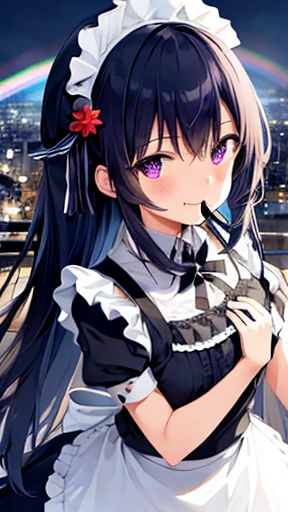 One Girl, (Ultra_detailed), (Depth of written boundary),
Love , gloves, Mouth closed, Long Hair, star (symbol), View your viewers, (Rainbow Hair ), Purple eyes, Upper Body, hair ornaments, :p, Frills, Maid dress, smile, No sleeve, Maid, symbol pupils, fringe, star pupils, Maid caffe, 
Roaring years, Isoscale, From above, null, flower, cliff,
Mid-chest, (Folded), (With low-cut top), Maid, city, Tokyo