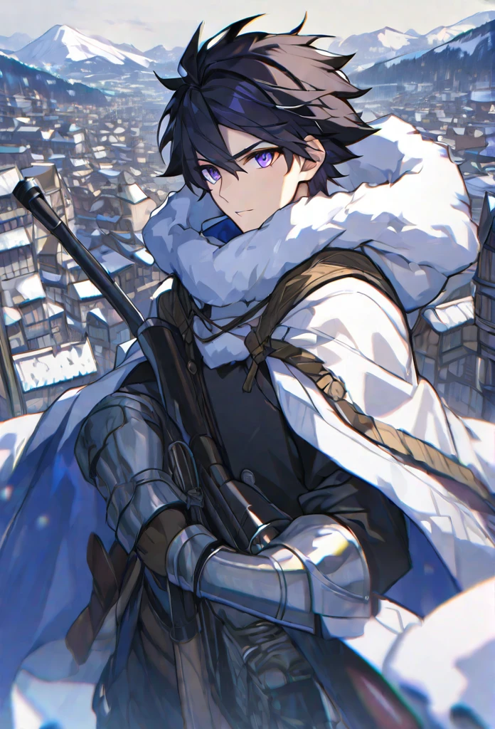 alone, 1 male, Short black hair, Purple eyes, Black Shirt,middle ages、A city with a snowy mountain in the background、white fur hood, Sniper