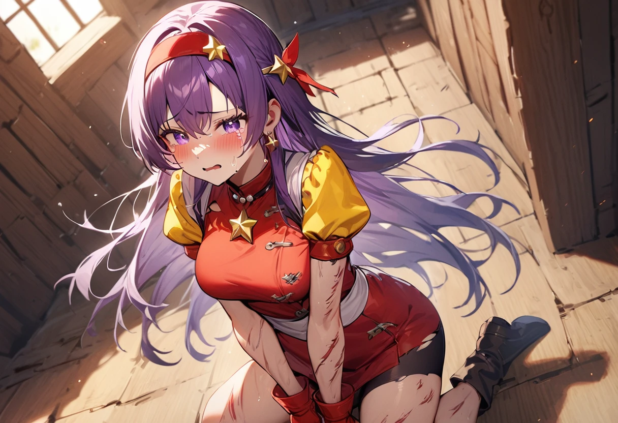 (best quality), (masterpiece), very aesthetic, absurdres, high res, all detailed, (asamiya athena, the king of fighters '98), long hair, purple hair, purple eyes, red hairband, star hair ornament, medium breasts, puffy short sleeves, dress, puffy short sleeves, sash, bangs, necklace, earrings, red fingerless gloves, jewelry, star (symbol), [white panties], (injury skin, scar skin, bleeding skin, torn clothes:1.15), Broken Armor, cloth pieces, BREAK NSFW, solo, 1girl, kneeling, (half closed eyes, cry, tears), sigh, blush, sweat, (indoors, prison), cinematic lighting, diffraction spikes, three quarter view