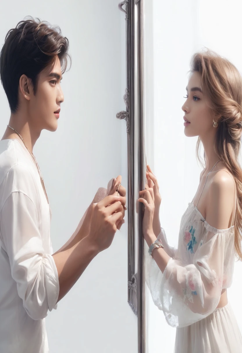 They are looking at each other in the mirror, two models in the frame, Unconsciously looking at each other, Beauty Campaign, photo shoot, handsome face and beautiful face, photo shoot for skincare brand, Look in the mirror, In romantic style, Model shoot, Look in the mirror, Look in the mirror, Edit Photos, Look in the mirror, Couple pose