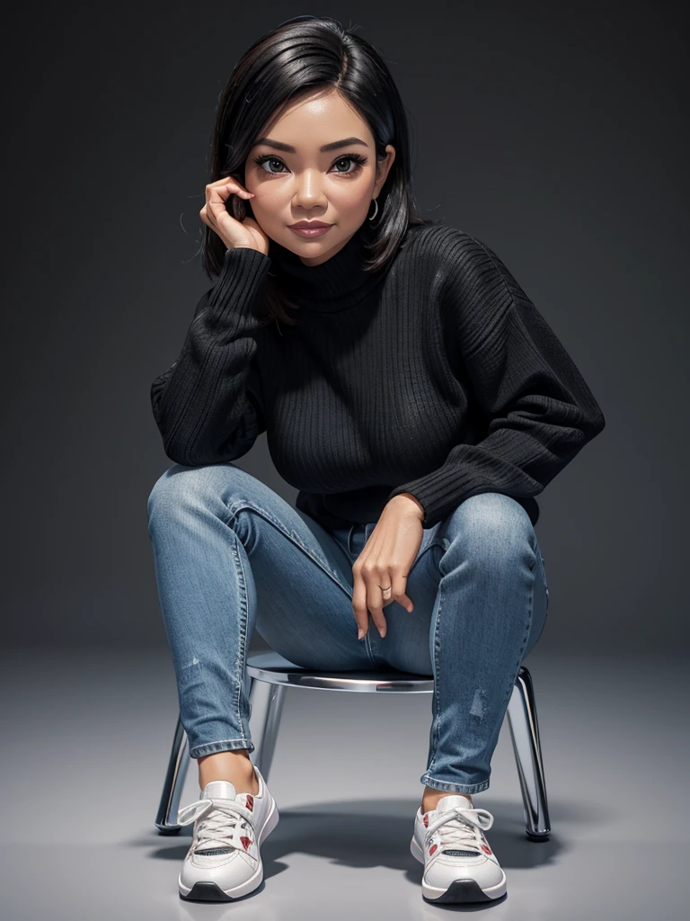 Realistic 4D caricature with a big head of an Indonesian woman aged 40yo,thin body, wearing a sweater, jeans, sneakers, sitting with his hand on his chin, black and silver gradient background,Pixar style,3D rendering