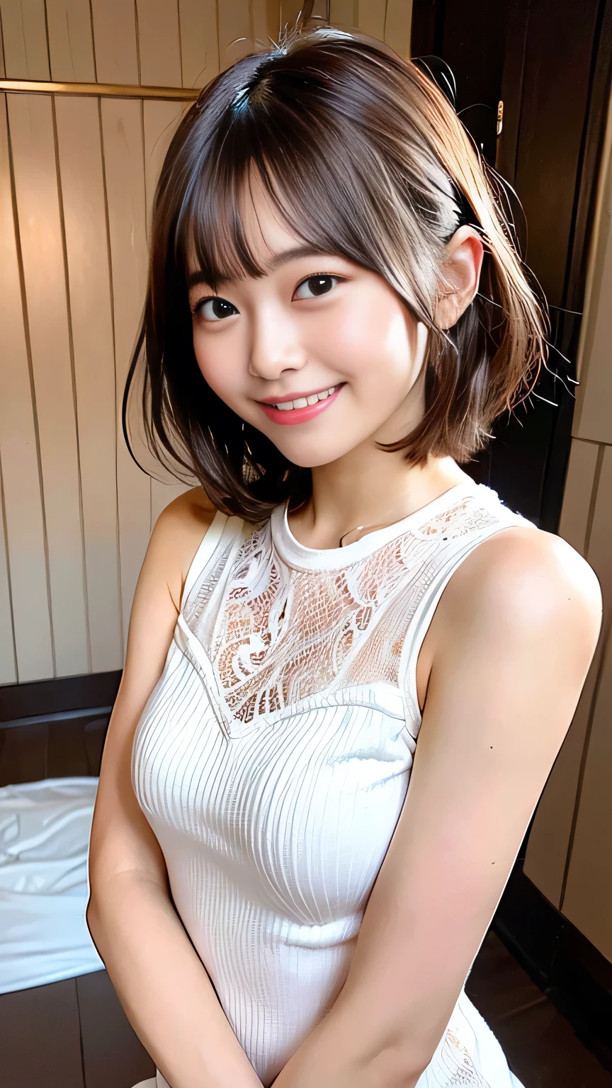 (Highest quality、In 8K、32K、masterpiece、Hmph:1.2)、One Girl、Beautiful Japanese Women、Big breasts and small waist、(Beautiful nape)、((Short hair with bangs))、(Lace Underwear)、20-year-old、In a room bathed in morning sunlight、(Biting pose:1.2)、(smile:1.5)、