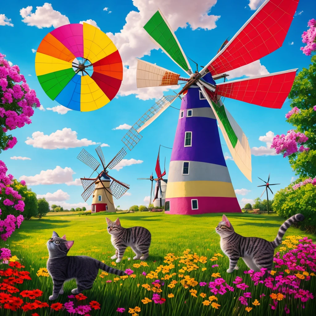 "A whimsical scene where a cat playfully interacts with a large, colorful windmill spinning in the breeze, creating a surreal blend of natural curiosity and vibrant motion."