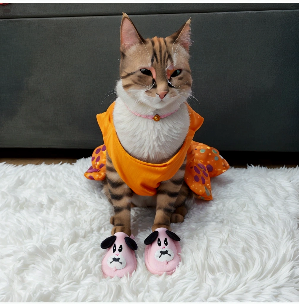 there is one cat wearing a costume and shoes on a rug, samurai cat, em estilo halloween, sora as one cat, cat witch, the cat is orange, funny cat, the cat is smiling, in a fancy dress, wearing a fancy dress, nekomimi, would you let me dress you, attractive cat girl, octopus cat, one cat, fluffy cat