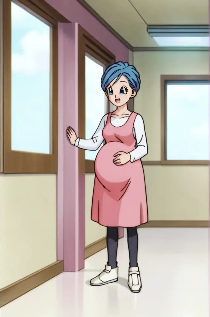 source_anime, score_9, score_8_up, score_7_up, anime screencap,8k, absurd res, 
bulma, 1girl, open mouth, blue eyes, long sleeves, pink dress, white undershirt, standing,  window, blue hair, sky, day, cloud, :o, pregnant, black tights, white footwear, shoes, no socks
 